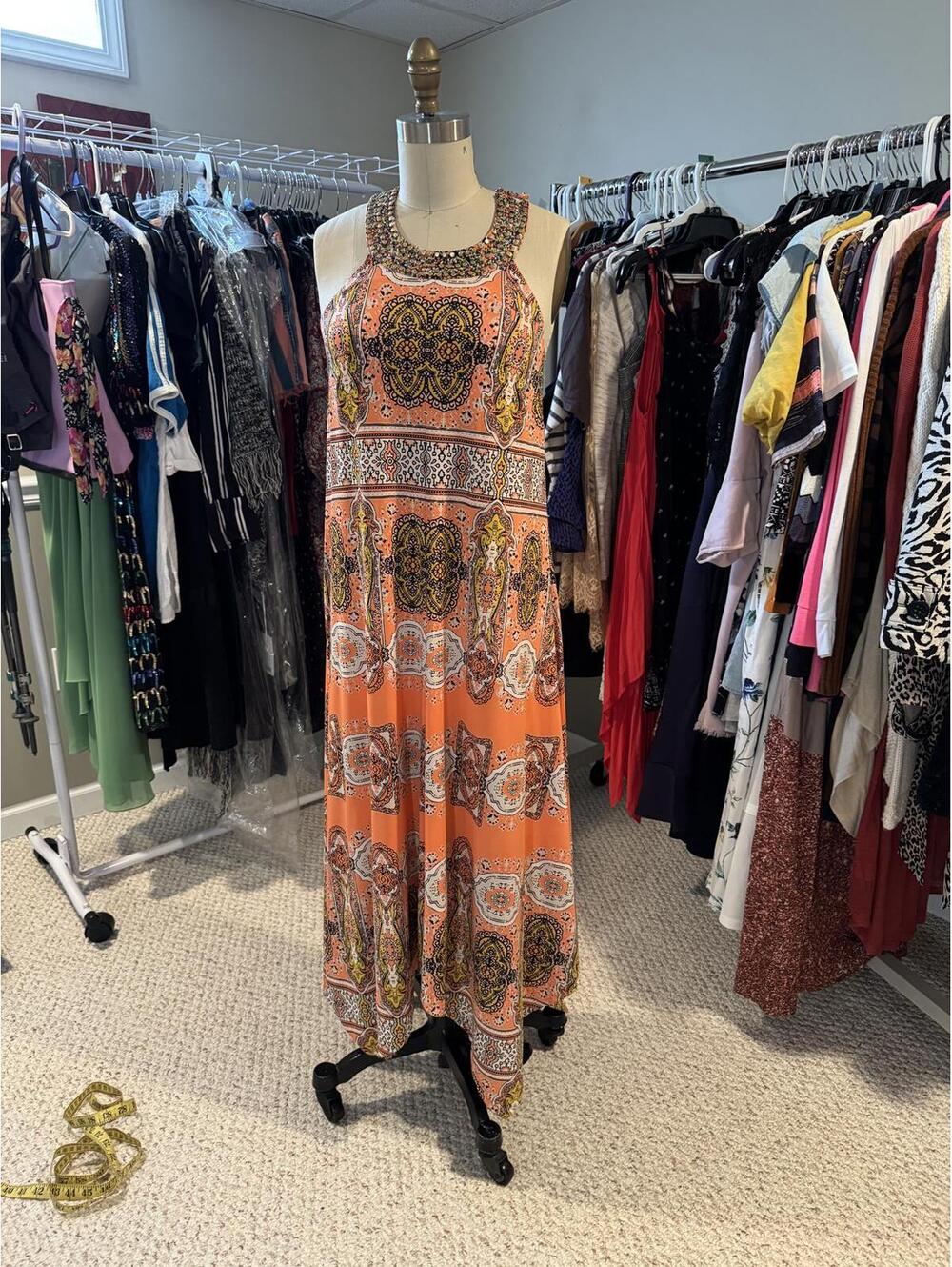 Bohemian Style Orange Beaded Neck Maxi Halter Dress - Medium